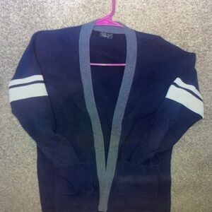 Navy Cardigan with Gray Trim and White Stripes